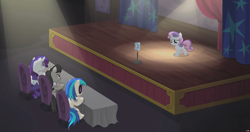 Size: 1920x1011 | Tagged: bloom and gloom, derpibooru import, it didn't happen, it's happening, microphone, octavia melody, rarity, safe, screencap, stage, sweetie belle, vinyl scratch