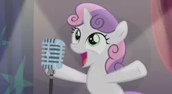 Size: 1279x699 | Tagged: safe, derpibooru import, screencap, sweetie belle, pony, unicorn, bloom and gloom, 2015, cute, diasweetes, female, filly, happy, it didn't happen, it's happening, microphone, open mouth, singing, template, upcoming, would you rather sweetie belle