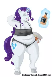 Size: 1945x2861 | Tagged: alcohol, anthro, applejack daniel's, armpit hair, armpits, artist:professordoctorc, bbw, belly, belly button, clothes, derpibooru import, fat, muffin top, obese, raritubby, rarity, suggestive, underwear, unguligrade anthro
