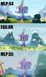 Size: 652x1088 | Tagged: all new, comparison, continuity, derpibooru import, mountain, ponyville, safe, scenery, screencap, text, twilight's castle, waterfall