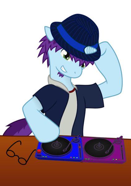 Size: 827x1169 | Tagged: artist:phonicb∞m, artist:sketchy brush, blue fur, collaboration, derpibooru import, dj pony, facial hair, fedora, glasses, goatee, green eyes, hat, music, musician, oc, oc:phonic boom, purple mane, record, record player, safe, simple background, transparent background, turntable, unofficial characters only, vector, vector trace