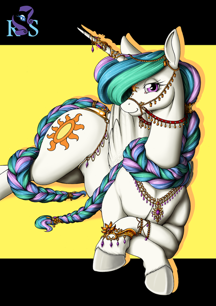 Size: 3394x4816 | Tagged: suggestive, artist:longinius, derpibooru import, princess celestia, alicorn, pony, series:rarity's secret, absurd resolution, alternate hairstyle, bedroom eyes, braid, braided tail, bridle, clothed ponies, female, fluffy, horn, horn jewelry, jewelry, looking at you, necklace, prone, smiling, solo, solo female, stupid sexy celestia, tack