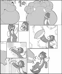 Size: 1067x1280 | Tagged: suggestive, artist:unknownwolf, derpibooru import, big macintosh, soarin', earth pony, pony, bhm, bigger macintosh, chubby cheeks, comic, commission, commission comic, commission comic:anonymous, fat, food, gay, heart eyes, macro, male, moobs, musclegut, muscles, neck fat, neck roll, pie, stallion, wingding eyes