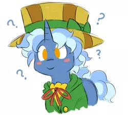 Size: 945x849 | Tagged: safe, artist:dreamofserenity626, derpibooru import, pokey pierce, pony, unicorn, bow, clothes, green, hat, holiday, oversized hat, question mark, saint patrick's day, solo, suit