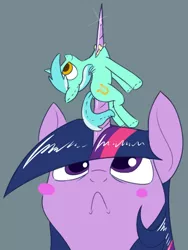 Size: 480x640 | Tagged: suggestive, artist:underpable, derpibooru import, lyra heartstrings, twilight sparkle, twilight sparkle (alicorn), alicorn, pony, :<, blushing, female, frown, horn, horn impalement, horn penetration, horn warmer, impalement, looking up, lyra plushie, mare, neon genesis evangelion, penetration, plothole plush lyra, plushie, scared, sharp horn, solo
