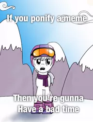 Size: 445x578 | Tagged: safe, artist:kill joy, derpibooru import, double diamond, ponified, pony, bad time, blatant lies, funny, meme, mountain, skis, snow, solo, south park, you're gonna have a bad time