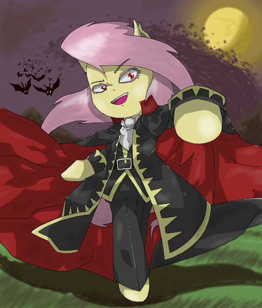 Size: 1275x1500 | Tagged: safe, artist:ankou, derpibooru import, fluttershy, bat pony, pony, semi-anthro, vampire, alucard, alucard (castlevania), badass, bat ponified, bipedal, castlevania, crossover, dhampir, dracula, flutterbadass, flutterbat, monster retsuden oreca battle, pixiv, race swap, solo