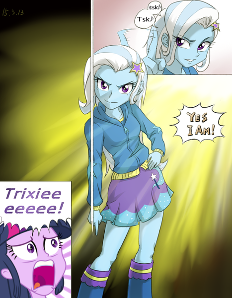 Size: 768x986 | Tagged: safe, artist:ta-na, derpibooru import, edit, trixie, twilight sparkle, twilight sparkle (alicorn), alicorn, equestria girls, comic, exploitable meme, jean pierre polnareff, jojo's bizarre adventure, meme, mohammed avdol, stardust crusaders, translation, twiscream