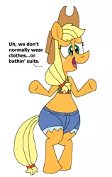Size: 1141x1809 | Tagged: safe, artist:hunterxcolleen, derpibooru import, applejack, pony, bikini, bikini top, bipedal, clothes, embarrassed, shorts, smiling, swimsuit, talking, we don't normally wear clothes