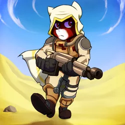 Size: 2000x2000 | Tagged: anthro, artist:vimhomeless, derpibooru import, desert, destiny (game), gun, oc, oc:florid, red and black oc, safe, solo, unofficial characters only, weapon