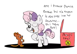 Size: 2391x1694 | Tagged: artist:oddbelle, blatant lies, derpibooru import, dialogue, it's a trap, mouse, safe, sweetie belle