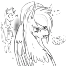 Size: 1024x1024 | Tagged: safe, artist:suenden-hund, derpibooru import, oc, oc:agony, unofficial characters only, pegasus, pony, :t, :|, askemodiscord, blushing, cute, derp, gay, male, monochrome, sketch, spread wings, swearing, thought bubble, tsundere, vulgar, wingboner, wings