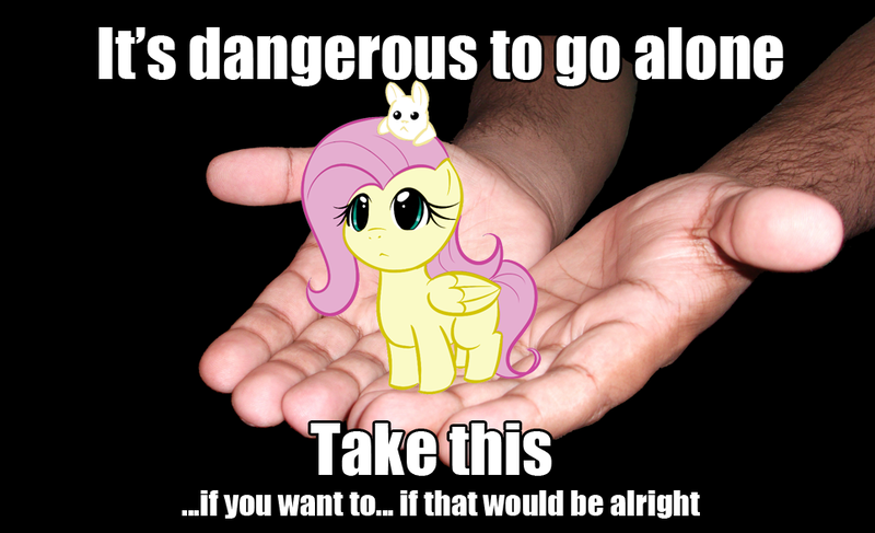 Size: 964x587 | Tagged: animal, artist needed, caption, chibi, cute, derpibooru import, fluttershy, hand, human, image macro, it's dangerous to go alone, meme, rabbit, safe, shyabetes, solo, take this, text, the legend of zelda