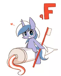 Size: 800x1000 | Tagged: artist:joycall6, blushing, chemistry, chibi, cute, derpibooru import, fluorine, heart, minubetes, minuette, part of a set, periodic table, riding, safe, series:joycall6's periodic table, solo, toothbrush, toothpaste