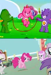 Size: 637x931 | Tagged: safe, derpibooru import, pinkie pie, a friend in deed, andrea libman, care bears, care bears adventures of care a lot, cheer bear, comparison, good luck bear, harmony bear, image, jump rope, nothing's going right, png, smile song, smiling, tabitha st. germain