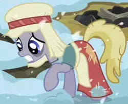 Size: 320x260 | Tagged: safe, derpibooru import, screencap, flurry, earth pony, pony, hearth's warming eve (episode), background pony, bags under eyes, clothes, cropped, earth pony tribe, female, mare, snow, solo