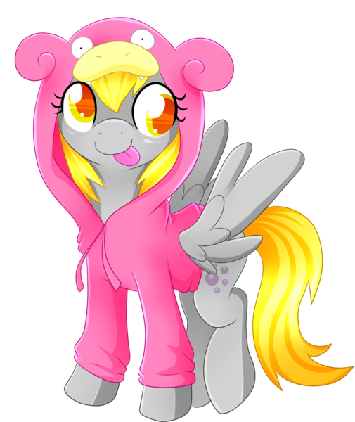 Size: 2836x3367 | Tagged: safe, artist:scarlet-spectrum, derpibooru import, derpy hooves, pegasus, pony, slowpoke (pokémon), clothes, cute, female, hoodie, mare, pokémon, simple background, sitting, smiling, solo, spread wings, transparent background, wings