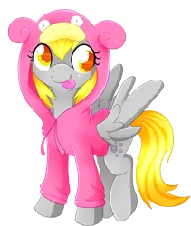 Size: 2836x3367 | Tagged: safe, artist:scarlet-spectrum, derpibooru import, derpy hooves, pegasus, pony, slowpoke (pokémon), clothes, cute, female, hoodie, mare, pokémon, simple background, sitting, smiling, solo, spread wings, transparent background, wings