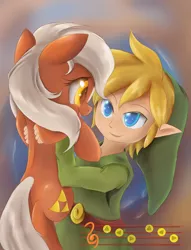 Size: 1950x2550 | Tagged: safe, artist:ardail, derpibooru import, ponified, earth pony, pony, crossover, cute, epona, epona's song, eponadorable, eye contact, female, happy, holding a pony, image, jpeg, link, looking at each other, male, mare, open mouth, sheet music, smiling, the legend of zelda, toon link, triforce