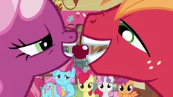 Size: 1280x720 | Tagged: safe, derpibooru import, screencap, apple bloom, big macintosh, cheerilee, cup cake, scootaloo, sweetie belle, earth pony, pony, hearts and hooves day (episode), cheerimac, cherry, cutie mark crusaders, female, food, hearts and hooves day, male, shipping, spread wings, stallion, straight, wingboner, wings, you know for kids