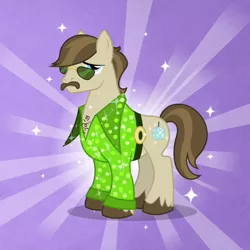 Size: 600x600 | Tagged: safe, derpibooru import, screencap, dance fever, earth pony, pony, hearts and hooves day (episode), background pony, clothes, facial hair, hearts and hooves day, male, moustache, solo, stallion, sunburst background, sunglasses, the perfect stallion, too flashy