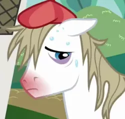 Size: 325x308 | Tagged: safe, derpibooru import, screencap, hay fever (character), pony, hearts and hooves day (episode), background pony, hay fever, hearts and hooves day, sick, solo, sweat, the perfect stallion