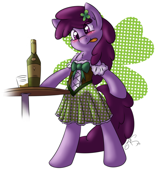 Size: 2213x2415 | Tagged: safe, artist:jorobro, derpibooru import, berry punch, berryshine, earth pony, pony, bipedal, blushing, clothes, clover, female, four leaf clover, holiday, mare, saint patrick's day, solo, tongue out