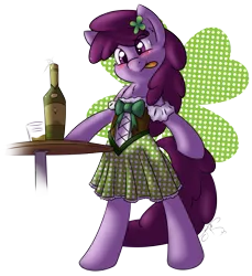 Size: 2213x2415 | Tagged: safe, artist:jorobro, derpibooru import, berry punch, berryshine, earth pony, pony, bipedal, blushing, clothes, clover, female, four leaf clover, holiday, mare, saint patrick's day, solo, tongue out