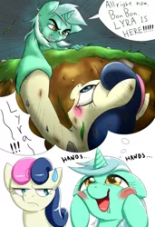 Size: 1000x1463 | Tagged: artist:ushiro no kukan, blushing, bon bon, bon bon is not amused, cliff, derpibooru import, drool, hand, lyra heartstrings, lyra's thought meme, meme, rescue, safe, sweetie drops, thought bubble, unamused