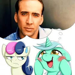 Size: 1000x1000 | Tagged: bon bon, derpibooru import, drool, exploitable meme, floppy ears, frown, lyra heartstrings, lyra's thought meme, meme, nicolas cage, open mouth, safe, smiling, squishy cheeks, sweat, sweatdrop, sweetie drops, thought bubble, unamused