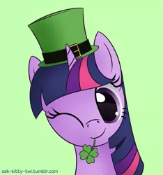 Size: 917x979 | Tagged: safe, artist:galekz, derpibooru import, twilight sparkle, ask-kitty-twi, clover, featured image, four leaf clover, hat, holiday, image, mouth hold, one eye closed, png, saint patrick's day, solo, wink