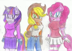 Size: 3493x2491 | Tagged: anthro, applejack, artist:jcmx, clothes, derpibooru import, pinkie pie, safe, skirt, sonicified, sonic the hedgehog (series), traditional art, twilight sparkle