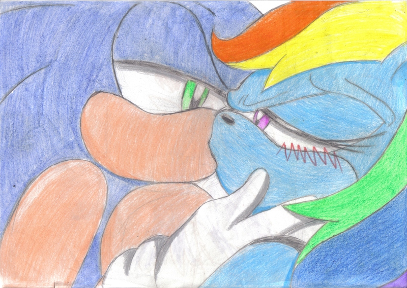 Size: 3493x2482 | Tagged: anthro, artist:jcmx, blushing, crossover, crossover shipping, derpibooru import, female, kissing, male, rainbow dash, safe, shipping, sonicdash, sonic the hedgehog, sonic the hedgehog (series), straight, traditional art