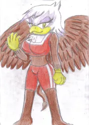 Size: 2474x3493 | Tagged: safe, artist:jcmx, derpibooru import, gilda, anthro, gryphon, plantigrade anthro, breasts, busty gilda, female, sonicified, sonic the hedgehog (series), traditional art