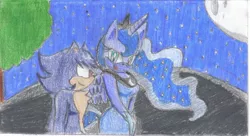 Size: 2507x1366 | Tagged: anthro, artist:jcmx, crossover, derpibooru import, oc, oc:ecares, princess luna, safe, sonicified, sonic the hedgehog (series), traditional art