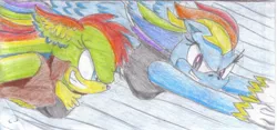 Size: 2491x1164 | Tagged: anthro, artist:jcmx, derpibooru import, oc, oc:niji, rainbow dash, safe, sonicified, sonic the hedgehog (series), traditional art