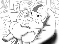 Size: 1280x960 | Tagged: safe, artist:40450, derpibooru import, twilight sparkle, twilight sparkle (alicorn), alicorn, pony, book, chubby, fat, female, lazy, mare, monochrome, reading, solo