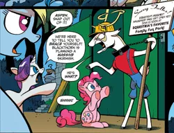Size: 894x687 | Tagged: clothes, derpibooru import, humiliation, idw, king aspen, national lampoon's vacation, pinkie pie, rainbow dash, rarity, safe, sign, spoiler:comic, spoiler:comic28, uniform