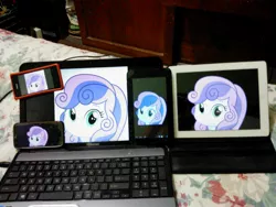 Size: 2592x1944 | Tagged: safe, derpibooru import, sweetie belle, equestria girls, apple (company), computer, cute, funny, huawei, ipad, irl, laptop computer, mobile phone, phone, photo, smartphone, stare, tablet, toshiba