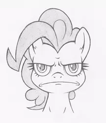 Size: 518x600 | Tagged: artist:dfectivedvice, :c, >:c, derpibooru import, frown, grayscale, monochrome, pinkie pie, safe, solo, traditional art, unamused