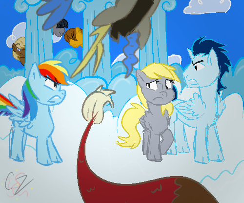 Size: 500x415 | Tagged: safe, artist:hateful-minds, derpibooru import, derpy hooves, discord, dumbbell, hoops, quarterback, rainbow dash, soarin', alicorn, pegasus, pony, alicornified, angry, derpin', female, jealous, male, mare, race swap, score, shipping, stallion, straight