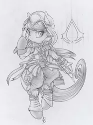 Size: 749x1000 | Tagged: safe, artist:dfectivedvice, derpibooru import, octavia melody, pony, assassin's creed, bipedal, clothes, cosplay, costume, grayscale, monochrome, traditional art
