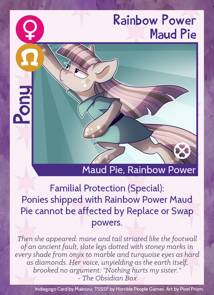 Size: 600x828 | Tagged: safe, artist:pixel-prism, derpibooru import, maud pie, earth pony, pony, twilight sparkle's secret shipfic folder, badass, card, rainbow power, rainbow power-ified, solo, sunburst background