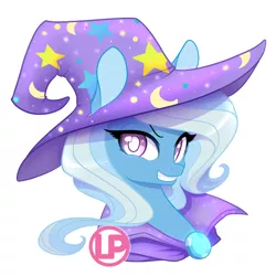 Size: 800x800 | Tagged: safe, artist:lolopan, derpibooru import, trixie, pony, unicorn, bust, clothes, female, grin, hat, mare, portrait, smiling, solo, trixie's hat