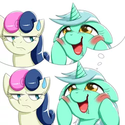 Size: 1000x1000 | Tagged: artist:ushiro no kukan, bon bon, bon bon is not amused, derpibooru import, exploitable meme, lyra heartstrings, lyra's thought meme, meme, recursion, safe, sweetie drops, thought bubble, unamused