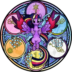 Size: 4500x4500 | Tagged: safe, artist:akili-amethyst, derpibooru import, twilight sparkle, twilight sparkle (alicorn), alicorn, pony, twilight's kingdom, absurd resolution, colored wings, dive to the heart, female, keys of harmony, kingdom hearts, mare, multicolored hair, multicolored wings, rainbow hair, rainbow power, rainbow power-ified, rainbow tail, rainbow wings, solo, spread wings, stained glass, wings