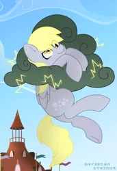 Size: 1600x2339 | Tagged: safe, artist:daydreamsyndrom, derpibooru import, derpy hooves, pegasus, pony, cloud, cute, derpabetes, eye clipping through hair, female, hang in there, hanging, i just don't know what went wrong, lightning, mare, scrunchy face, solo, this will end in death, this will end in tears, this will end in tears and/or death, town hall