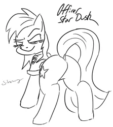 Size: 915x1024 | Tagged: artist:silverwing, butt, derpibooru import, dock, fanart, female, monochrome, oc, oc:star dusk, officer, plot, police, ponyville police, safe, scootaloo's scootaquest, scootaloo's scootaquest fan art, sketch, unofficial characters only