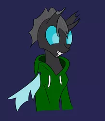 Size: 1881x2161 | Tagged: artist:darklordsnuffles, changeling, clothes, derpibooru import, hoodie, oc, oc:#4330715, safe, smiling, solo, unofficial characters only