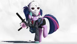 Size: 2500x1434 | Tagged: safe, artist:ncmares, derpibooru import, twilight sparkle, twilight sparkle (alicorn), alicorn, pony, alternate hairstyle, clothes, female, gun, heat (film), hockey mask, ingram mac-10, levitation, magic, mare, mask, payday, payday 2, raised hoof, solo, suit, suppressor, telekinesis, weapon